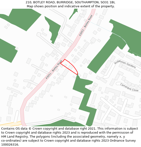 210, BOTLEY ROAD, BURRIDGE, SOUTHAMPTON, SO31 1BL: Location map and indicative extent of plot