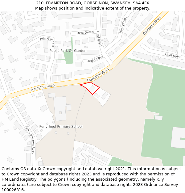 210, FRAMPTON ROAD, GORSEINON, SWANSEA, SA4 4FX: Location map and indicative extent of plot