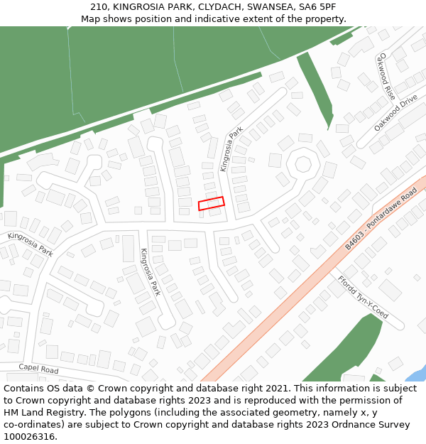 210, KINGROSIA PARK, CLYDACH, SWANSEA, SA6 5PF: Location map and indicative extent of plot