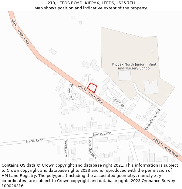 210, LEEDS ROAD, KIPPAX, LEEDS, LS25 7EH: Location map and indicative extent of plot