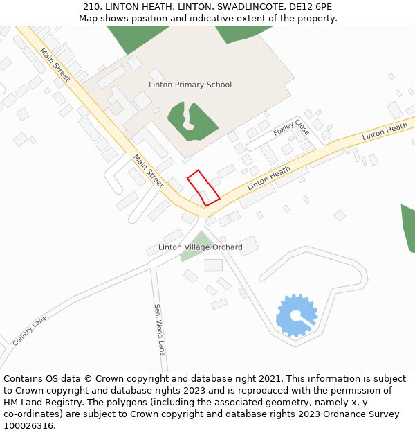 210, LINTON HEATH, LINTON, SWADLINCOTE, DE12 6PE: Location map and indicative extent of plot