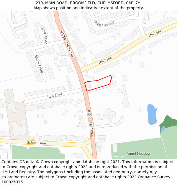 210, MAIN ROAD, BROOMFIELD, CHELMSFORD, CM1 7AJ: Location map and indicative extent of plot