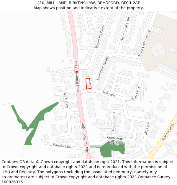 210, MILL LANE, BIRKENSHAW, BRADFORD, BD11 2AP: Location map and indicative extent of plot