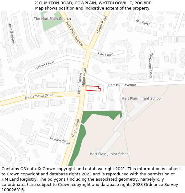 210, MILTON ROAD, COWPLAIN, WATERLOOVILLE, PO8 8RF: Location map and indicative extent of plot