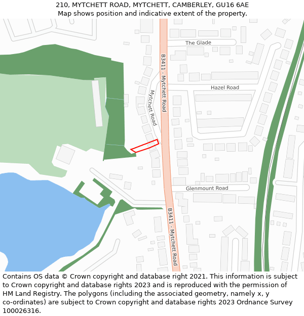 210, MYTCHETT ROAD, MYTCHETT, CAMBERLEY, GU16 6AE: Location map and indicative extent of plot