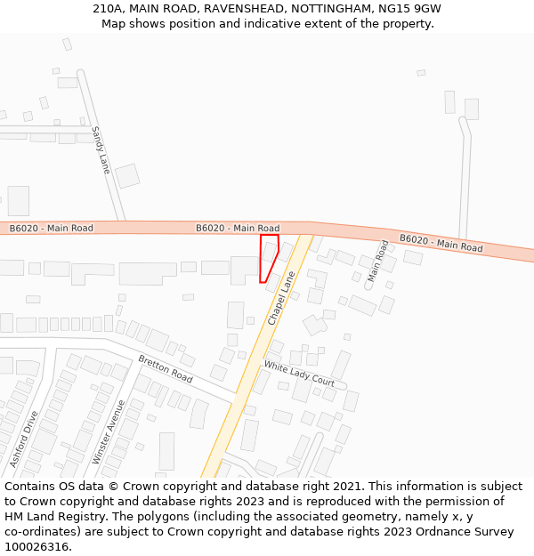 210A, MAIN ROAD, RAVENSHEAD, NOTTINGHAM, NG15 9GW: Location map and indicative extent of plot