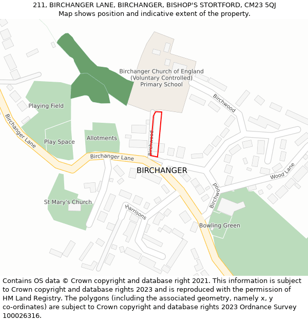 211, BIRCHANGER LANE, BIRCHANGER, BISHOP'S STORTFORD, CM23 5QJ: Location map and indicative extent of plot