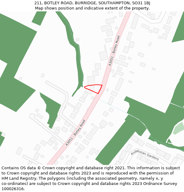 211, BOTLEY ROAD, BURRIDGE, SOUTHAMPTON, SO31 1BJ: Location map and indicative extent of plot