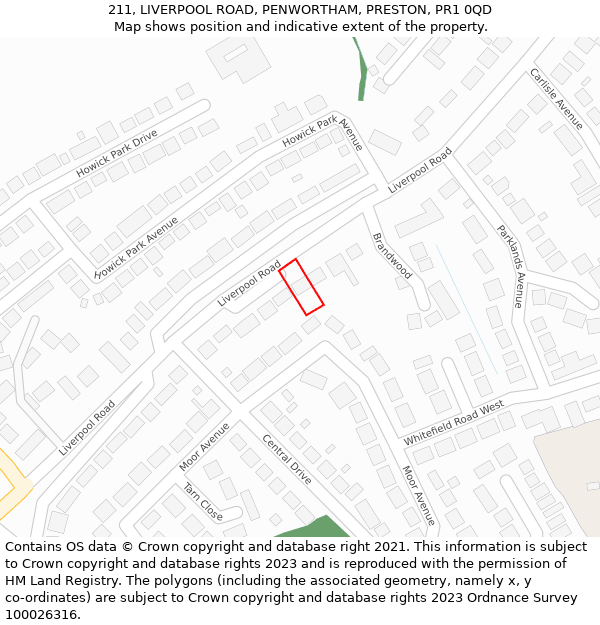 211, LIVERPOOL ROAD, PENWORTHAM, PRESTON, PR1 0QD: Location map and indicative extent of plot