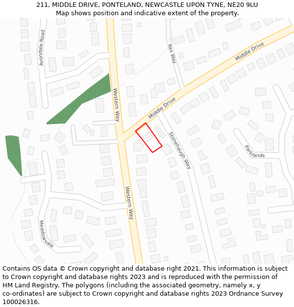 211, MIDDLE DRIVE, PONTELAND, NEWCASTLE UPON TYNE, NE20 9LU: Location map and indicative extent of plot