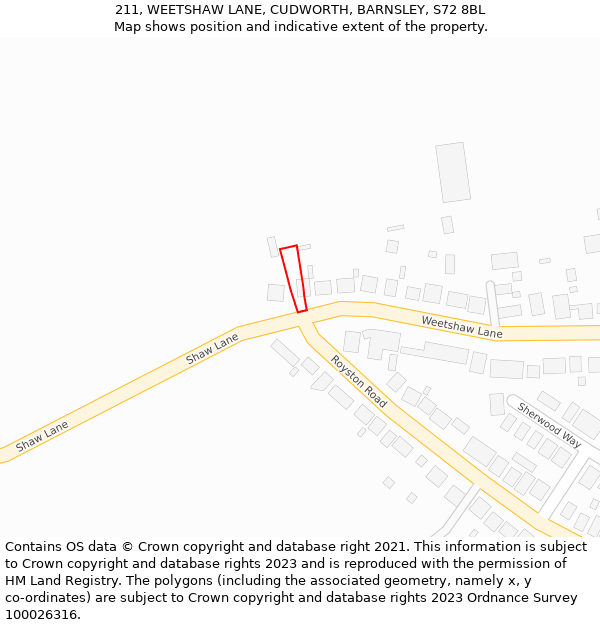 211, WEETSHAW LANE, CUDWORTH, BARNSLEY, S72 8BL: Location map and indicative extent of plot