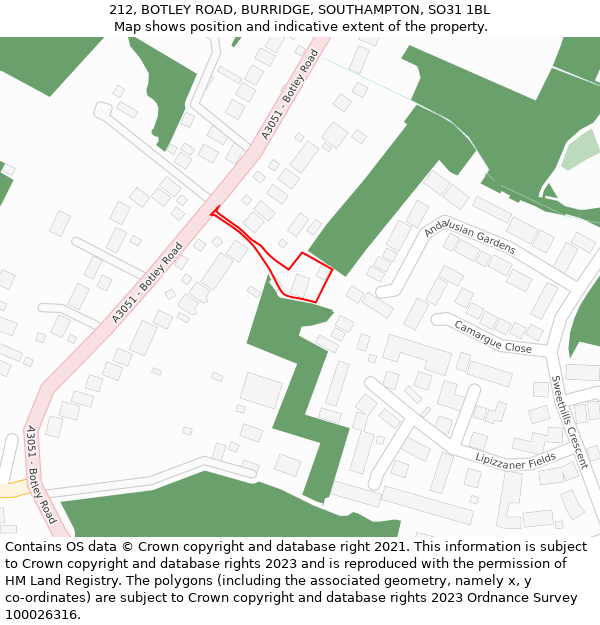 212, BOTLEY ROAD, BURRIDGE, SOUTHAMPTON, SO31 1BL: Location map and indicative extent of plot