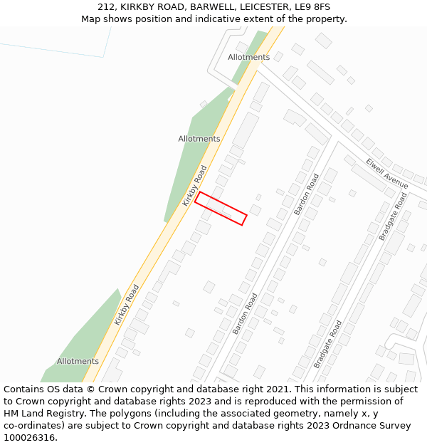 212, KIRKBY ROAD, BARWELL, LEICESTER, LE9 8FS: Location map and indicative extent of plot