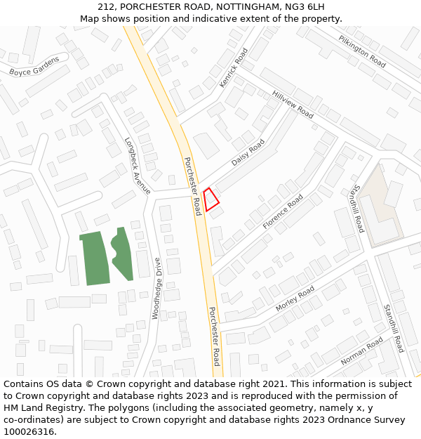 212, PORCHESTER ROAD, NOTTINGHAM, NG3 6LH: Location map and indicative extent of plot