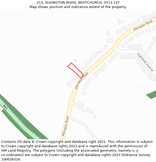 213, ALKINGTON ROAD, WHITCHURCH, SY13 1SY: Location map and indicative extent of plot