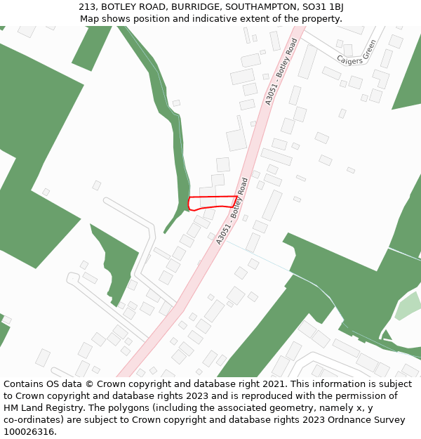 213, BOTLEY ROAD, BURRIDGE, SOUTHAMPTON, SO31 1BJ: Location map and indicative extent of plot