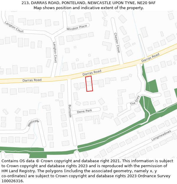 213, DARRAS ROAD, PONTELAND, NEWCASTLE UPON TYNE, NE20 9AF: Location map and indicative extent of plot