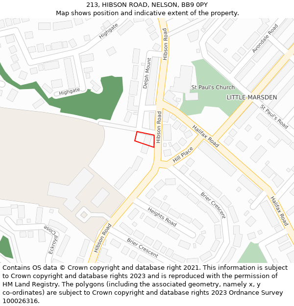 213, HIBSON ROAD, NELSON, BB9 0PY: Location map and indicative extent of plot