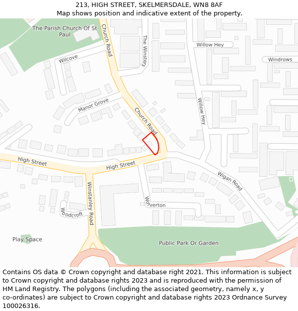 213, HIGH STREET, SKELMERSDALE, WN8 8AF: Location map and indicative extent of plot