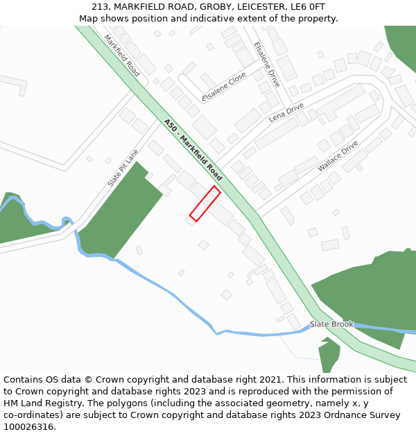 213, MARKFIELD ROAD, GROBY, LEICESTER, LE6 0FT: Location map and indicative extent of plot