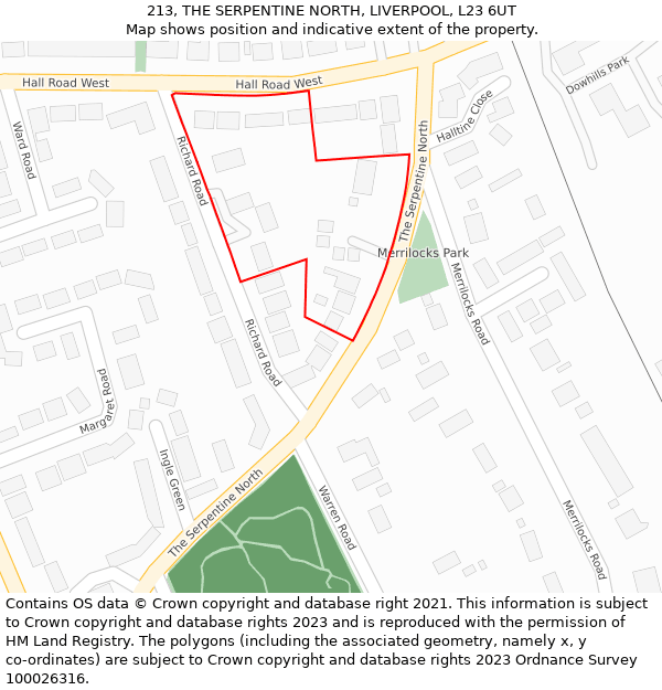 213, THE SERPENTINE NORTH, LIVERPOOL, L23 6UT: Location map and indicative extent of plot