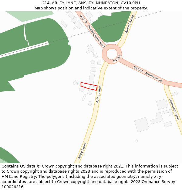 214, ARLEY LANE, ANSLEY, NUNEATON, CV10 9PH: Location map and indicative extent of plot