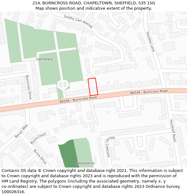 214, BURNCROSS ROAD, CHAPELTOWN, SHEFFIELD, S35 1SG: Location map and indicative extent of plot