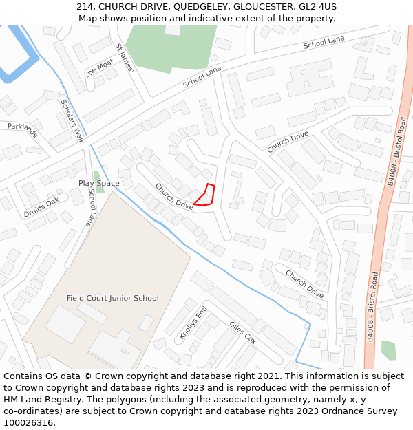 214, CHURCH DRIVE, QUEDGELEY, GLOUCESTER, GL2 4US: Location map and indicative extent of plot