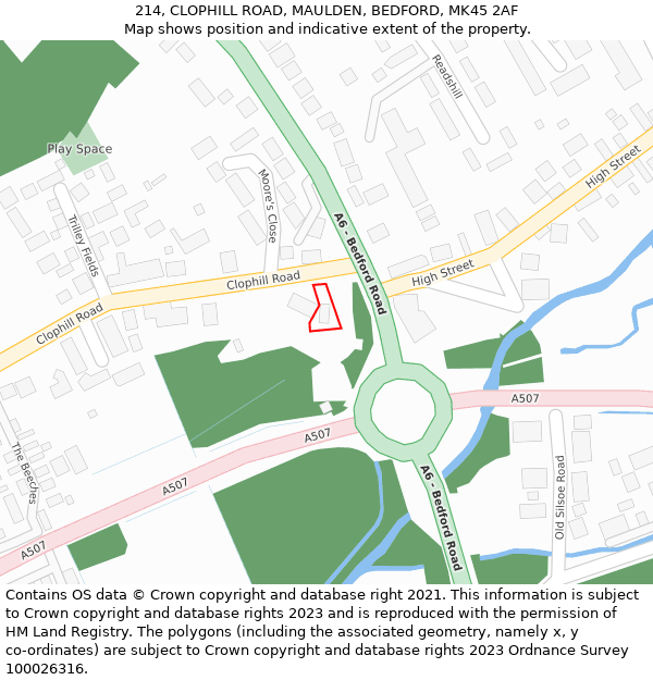 214, CLOPHILL ROAD, MAULDEN, BEDFORD, MK45 2AF: Location map and indicative extent of plot