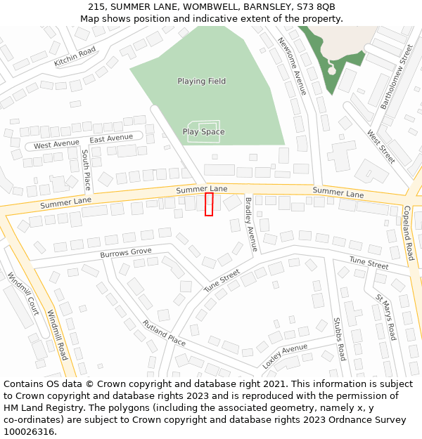 215, SUMMER LANE, WOMBWELL, BARNSLEY, S73 8QB: Location map and indicative extent of plot