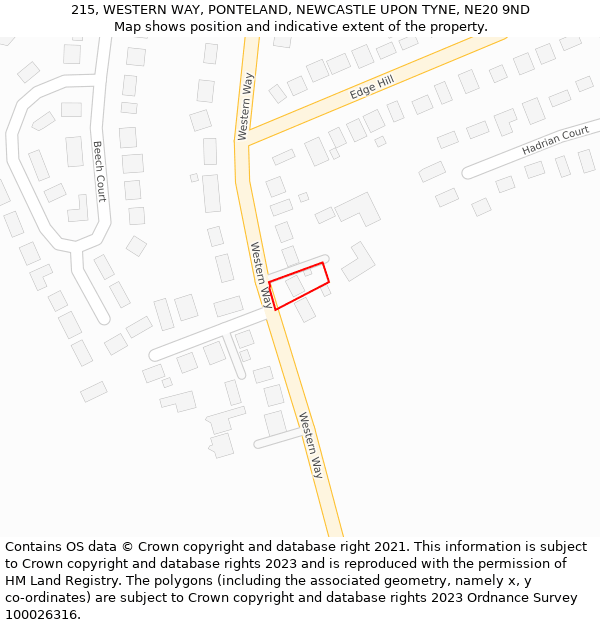 215, WESTERN WAY, PONTELAND, NEWCASTLE UPON TYNE, NE20 9ND: Location map and indicative extent of plot