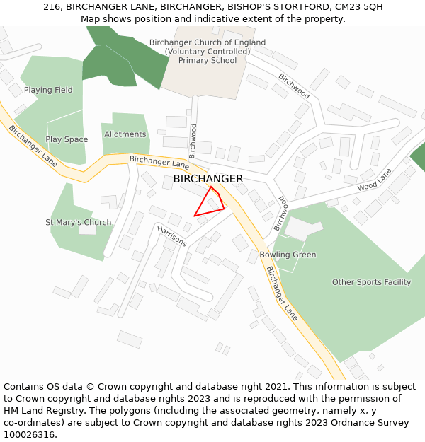 216, BIRCHANGER LANE, BIRCHANGER, BISHOP'S STORTFORD, CM23 5QH: Location map and indicative extent of plot