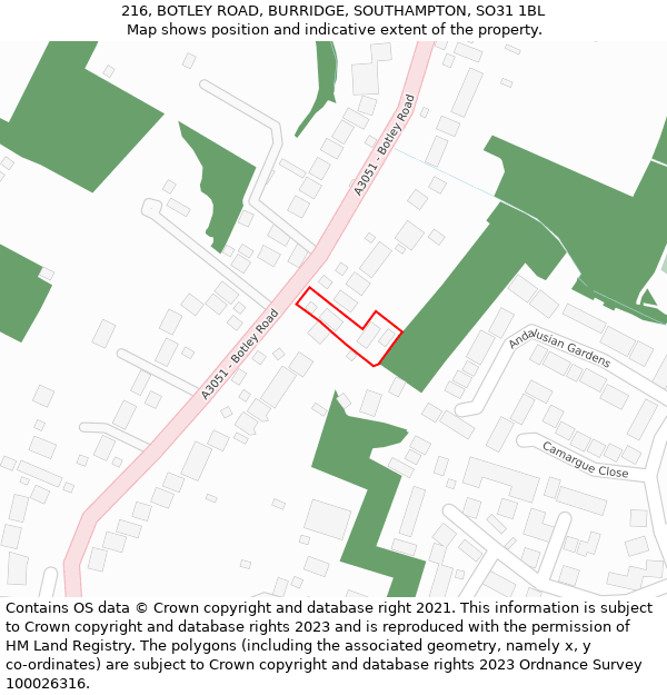 216, BOTLEY ROAD, BURRIDGE, SOUTHAMPTON, SO31 1BL: Location map and indicative extent of plot