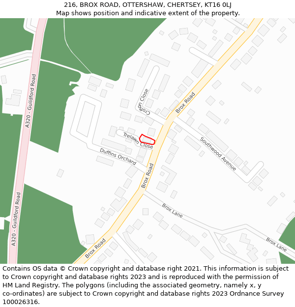 216, BROX ROAD, OTTERSHAW, CHERTSEY, KT16 0LJ: Location map and indicative extent of plot