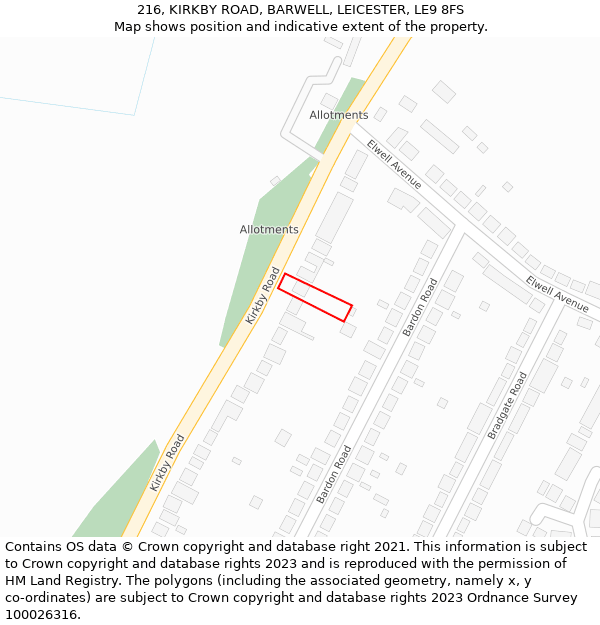 216, KIRKBY ROAD, BARWELL, LEICESTER, LE9 8FS: Location map and indicative extent of plot