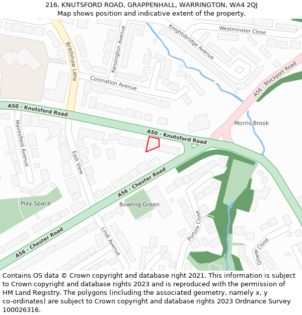 216, KNUTSFORD ROAD, GRAPPENHALL, WARRINGTON, WA4 2QJ: Location map and indicative extent of plot