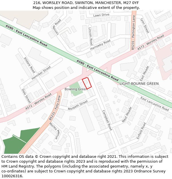216, WORSLEY ROAD, SWINTON, MANCHESTER, M27 0YF: Location map and indicative extent of plot