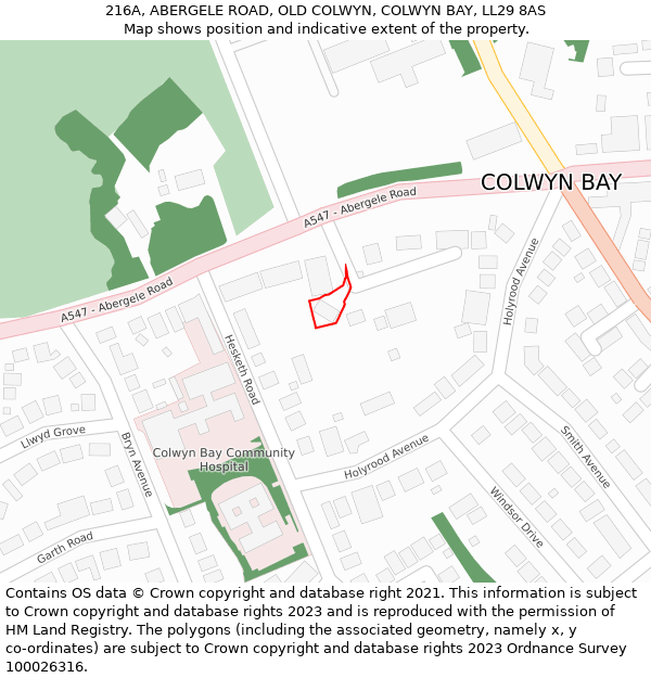 216A, ABERGELE ROAD, OLD COLWYN, COLWYN BAY, LL29 8AS: Location map and indicative extent of plot