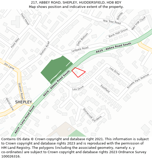 217, ABBEY ROAD, SHEPLEY, HUDDERSFIELD, HD8 8DY: Location map and indicative extent of plot