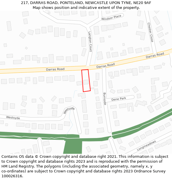 217, DARRAS ROAD, PONTELAND, NEWCASTLE UPON TYNE, NE20 9AF: Location map and indicative extent of plot