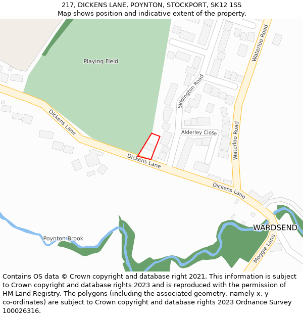 217, DICKENS LANE, POYNTON, STOCKPORT, SK12 1SS: Location map and indicative extent of plot