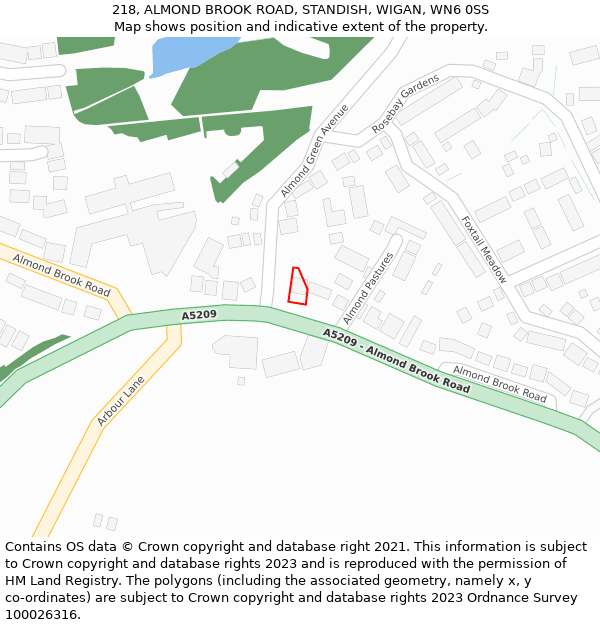 218, ALMOND BROOK ROAD, STANDISH, WIGAN, WN6 0SS: Location map and indicative extent of plot
