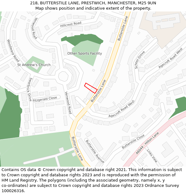 218, BUTTERSTILE LANE, PRESTWICH, MANCHESTER, M25 9UN: Location map and indicative extent of plot