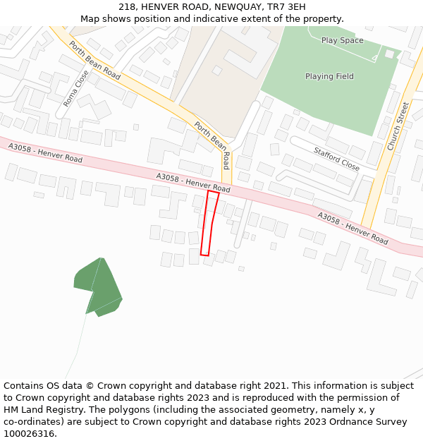218, HENVER ROAD, NEWQUAY, TR7 3EH: Location map and indicative extent of plot