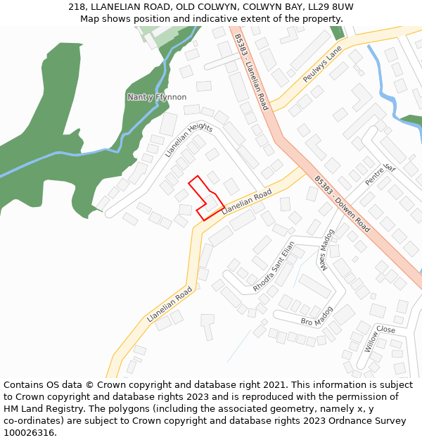 218, LLANELIAN ROAD, OLD COLWYN, COLWYN BAY, LL29 8UW: Location map and indicative extent of plot