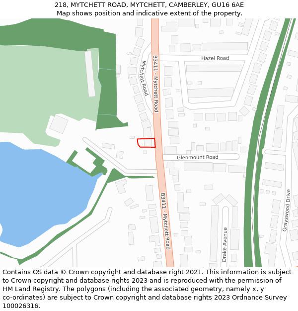 218, MYTCHETT ROAD, MYTCHETT, CAMBERLEY, GU16 6AE: Location map and indicative extent of plot