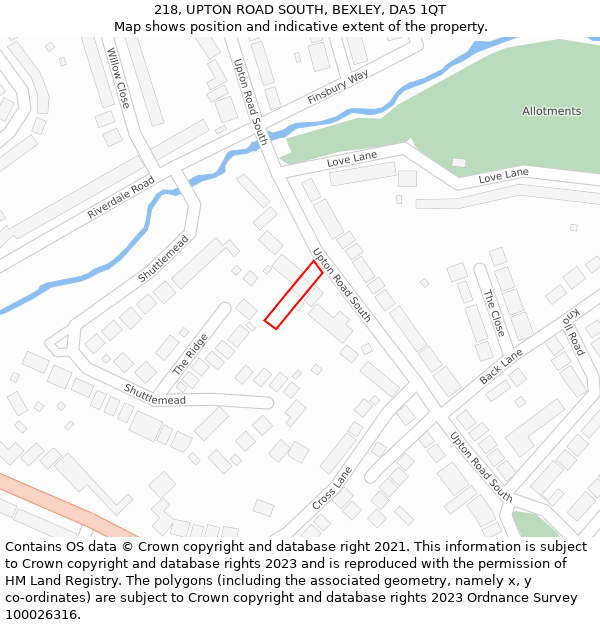 218, UPTON ROAD SOUTH, BEXLEY, DA5 1QT: Location map and indicative extent of plot