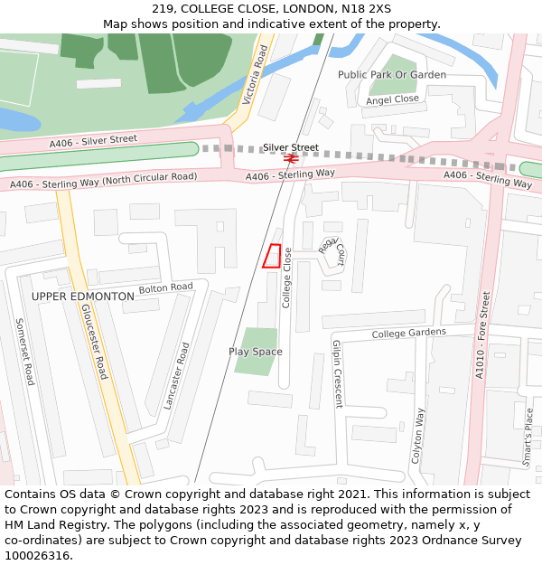 219, COLLEGE CLOSE, LONDON, N18 2XS: Location map and indicative extent of plot