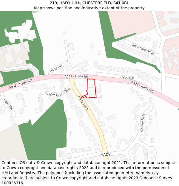 219, HADY HILL, CHESTERFIELD, S41 0BL: Location map and indicative extent of plot