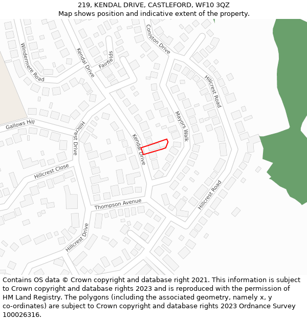 219, KENDAL DRIVE, CASTLEFORD, WF10 3QZ: Location map and indicative extent of plot